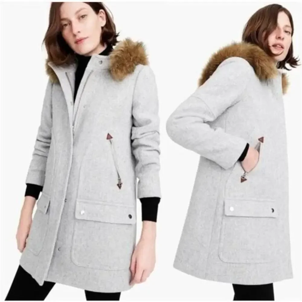 J.‎ Crew stadium Cloth Gray Faux Fur Trim Coat
